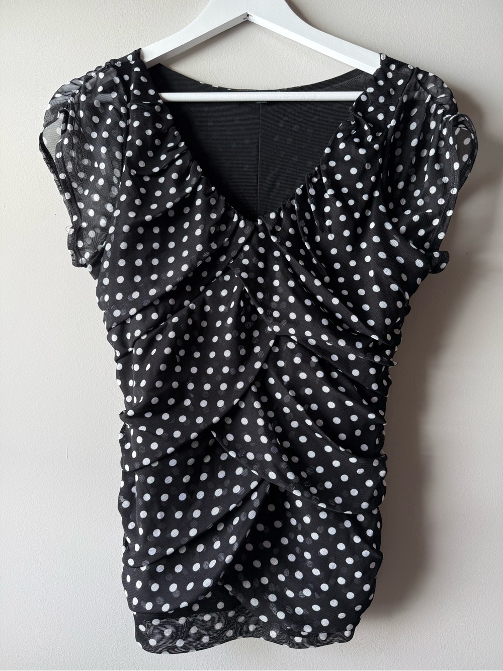For Cynthia Black & White Polka Dot Ruched Mesh Top Size Medium